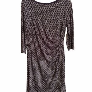 Eliza J Navy/White Geometric Design-Sheath Dress-Size 12-Rusched-Zipper back NWT